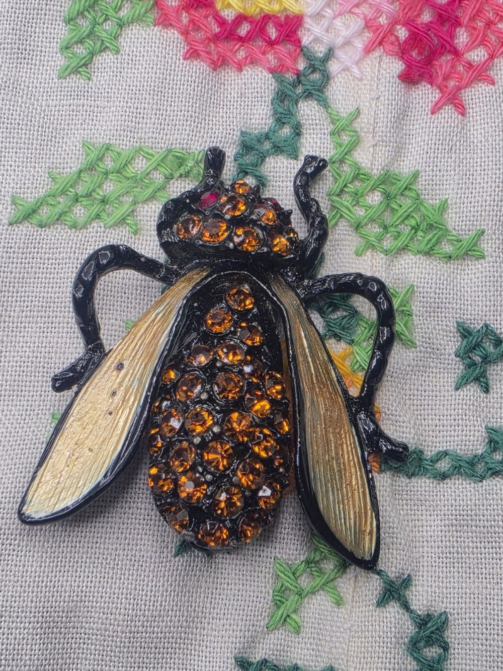 Vintage Black Enamel Orange Rhinestone 1.5" Bee Bug Brooch